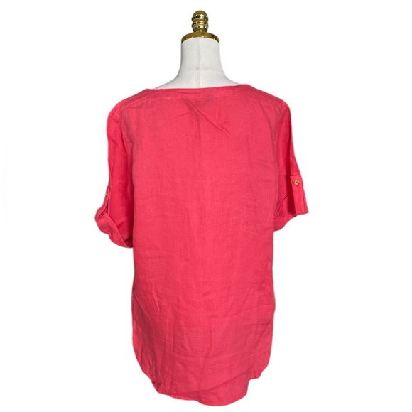 ELLEN TRACY 100% Linen Roll Tab 1/4 Zip Relaxed Tunic Blouse Size L Lagenlook - Picture 4 of 6